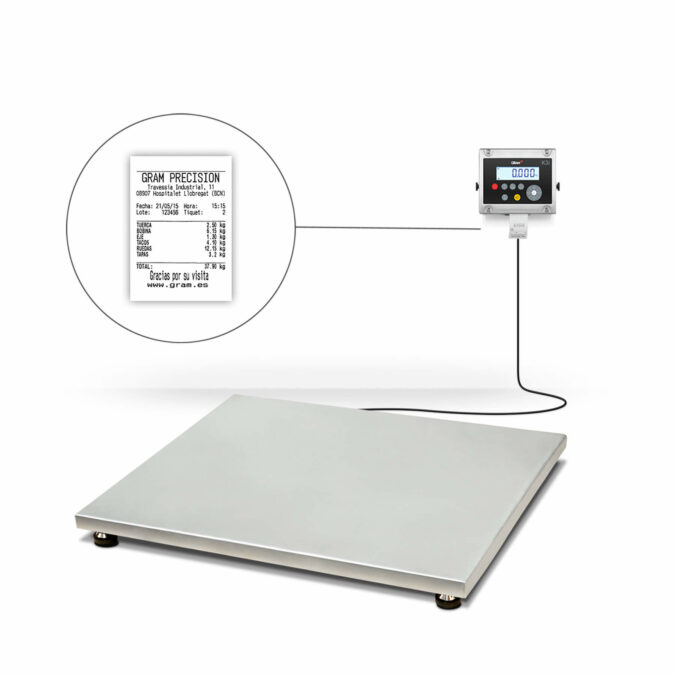 Plateforme de pesage en acier inoxydable avec indicateur et connexion pour l'envoi de données vers un PC ou un téléphone portable